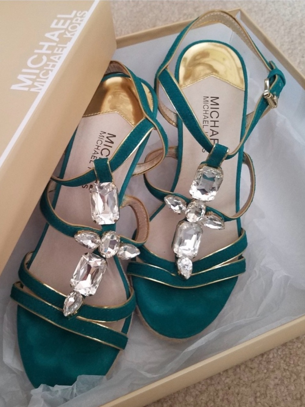 Michael Kors Jayden Platform Wedge Gold Trim Embellished Espadrilles Like NEW